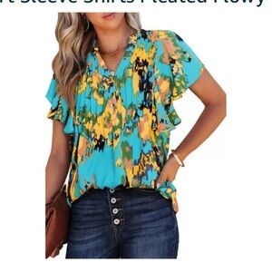 V Neck Boho Floral Blouse Top Ruffle Short Sleeve/size MEDIUM/NEW